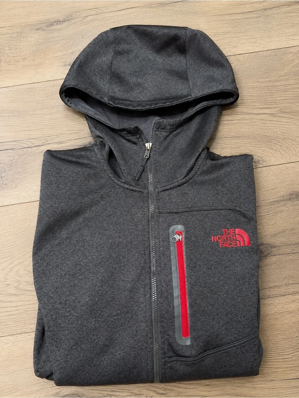 The North Face Kids Charcoal Gray Hooded Zip Jacket with Red Accents